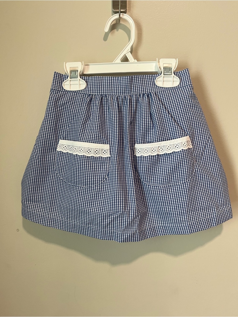 Blue Gingham Pocket Skort with Lace Trim